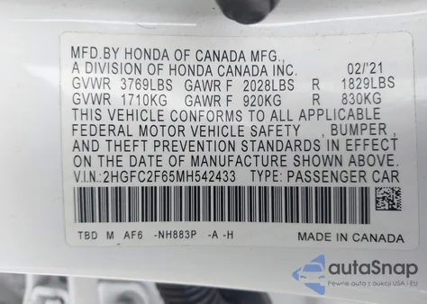 2021 Honda Civic Lx из США, поврежденный, VIN 2HGFC2F65MH542433